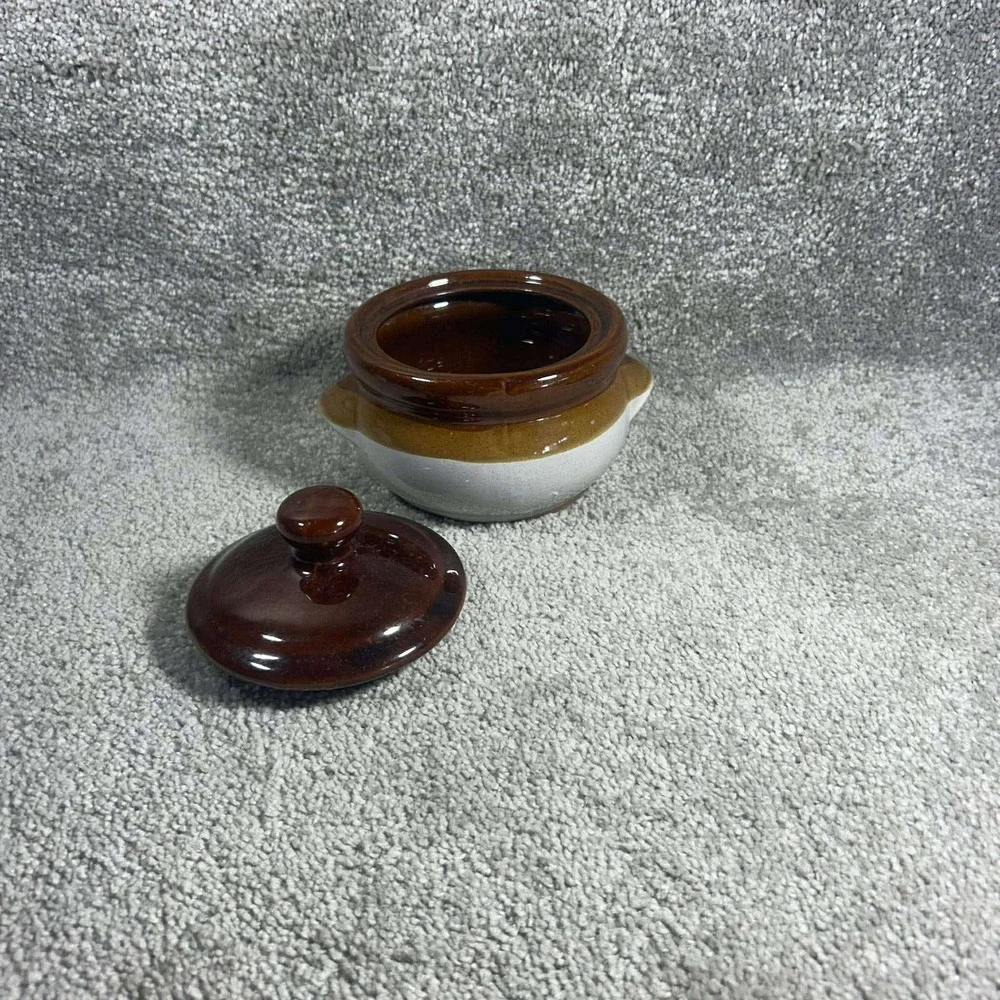 Bean Pot Brown Tan Cream Stoneware Mini Crocks Set of 2 with 1 Lid